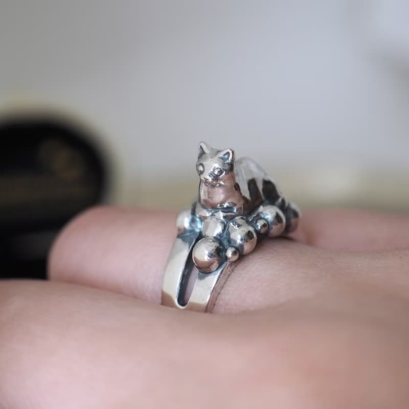 何かの上に香箱座り猫リング