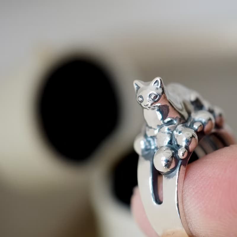 何かの上に香箱座り猫リング