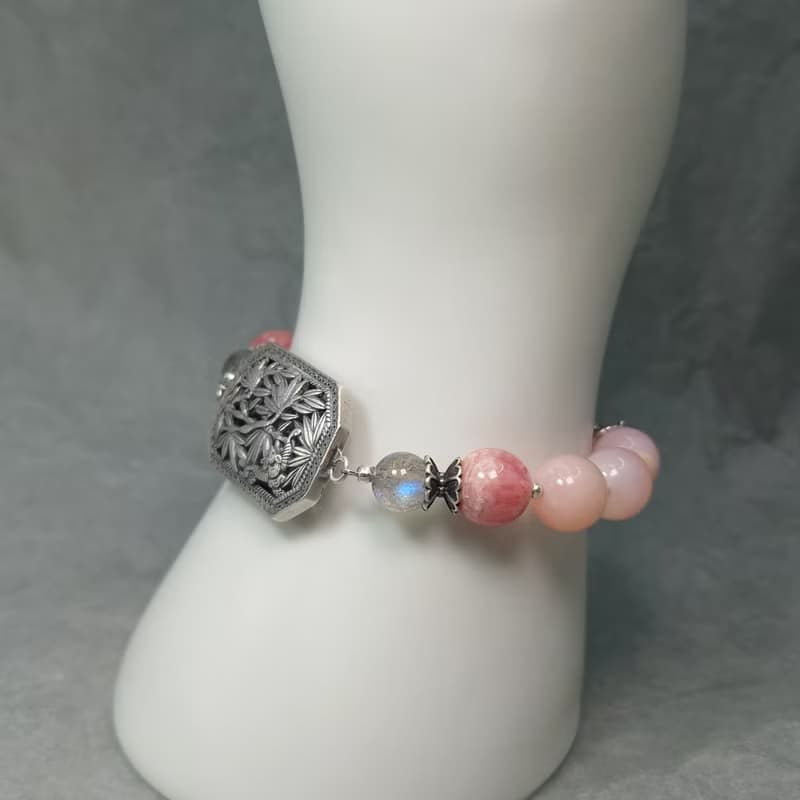 手鍊 粉紅蛋白石 紅紋石 拉長石 和田玉 925銀飾