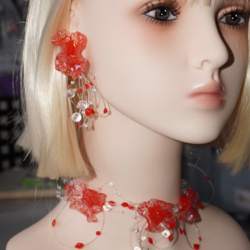 孤品 純手工製作大紅色樹脂血染花瓣流蘇耳環 僅此一對