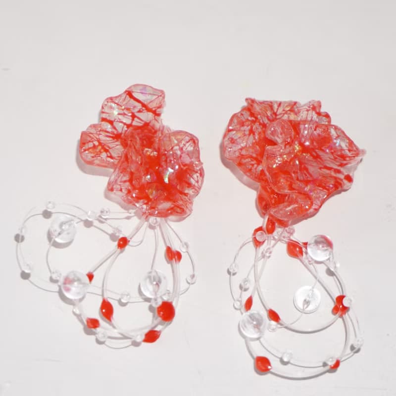 孤品 純手工製作大紅色樹脂血染花瓣流蘇耳環 僅此一對
