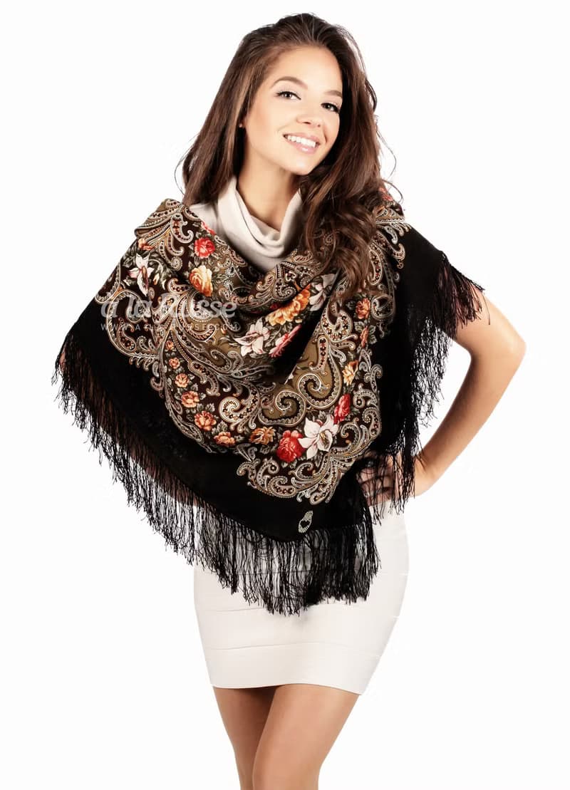 Pavlovo Posad Russian Shawl 100% Wool Scarf 125x125 cm Wrap Silk Fringe 1437-17