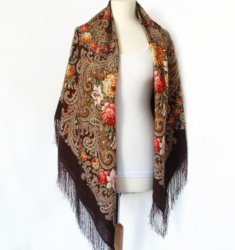 Pavlovo Posad Russian Shawl 100% Wool Scarf 125x125 cm Wrap Silk Fringe 1437-17