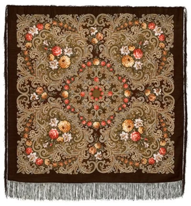 Pavlovo Posad Russian Shawl 100% Wool Scarf 125x125 cm Wrap Silk Fringe 1437-17