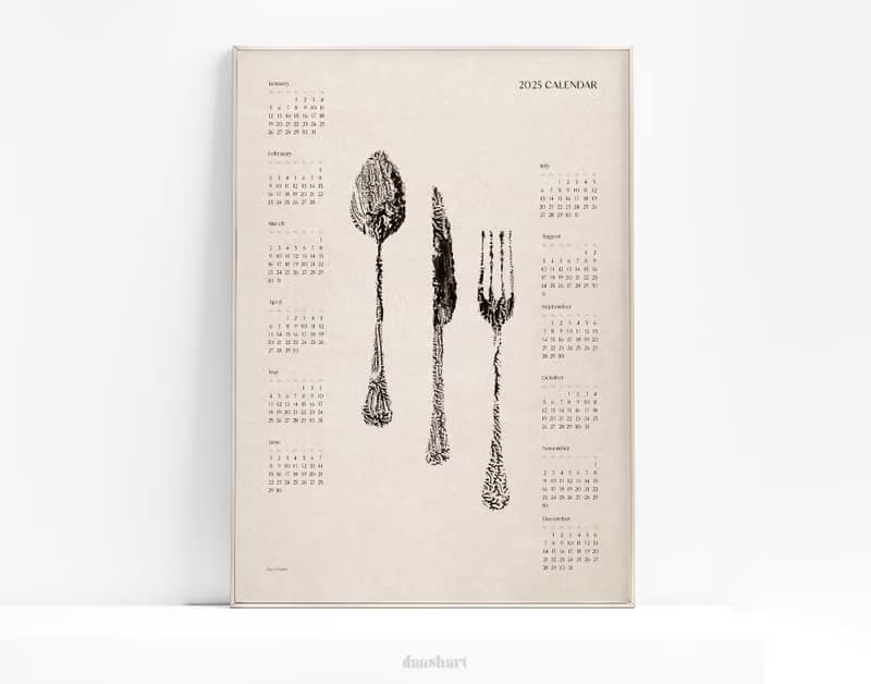 【數位】2025 Yearly Calendar Abstract Spoon Fork Knife Monotype Poster Printable Wall