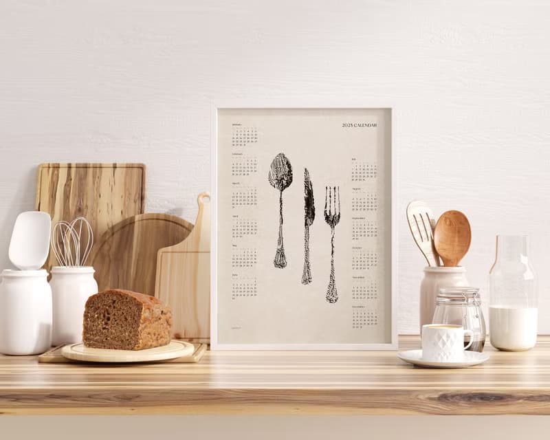 【數位】2025 Yearly Calendar Abstract Spoon Fork Knife Monotype Poster Printable Wall