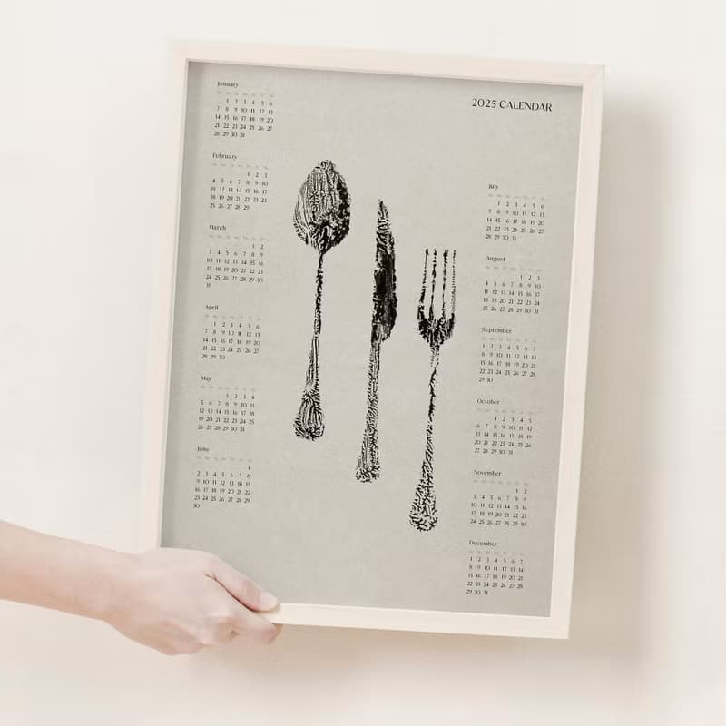 【數位】2025 Yearly Calendar Abstract Spoon Fork Knife Monotype Poster Printable Wall