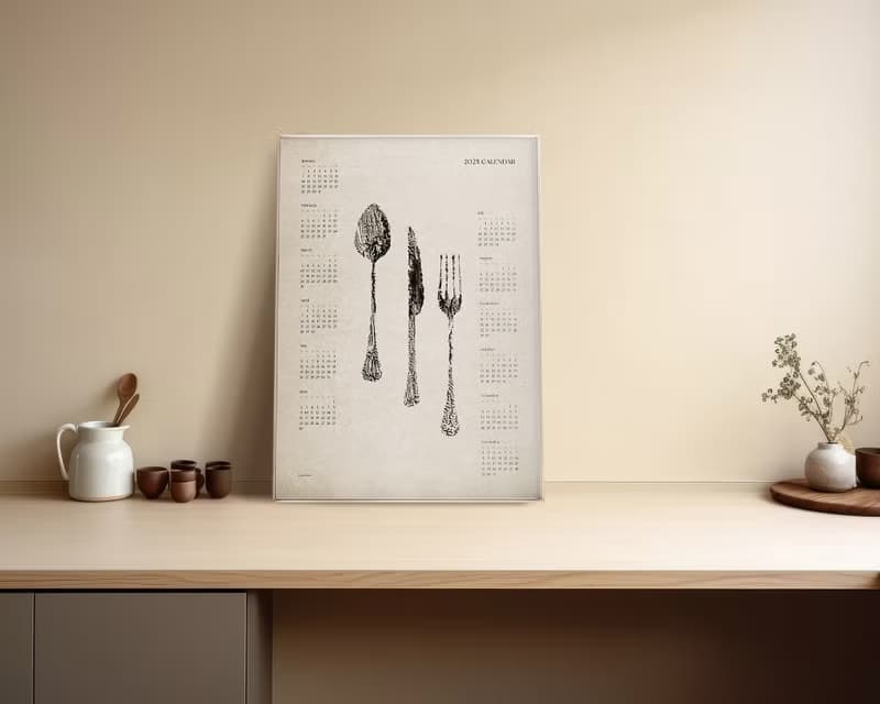 【數位】2025 Yearly Calendar Abstract Spoon Fork Knife Monotype Poster Printable Wall