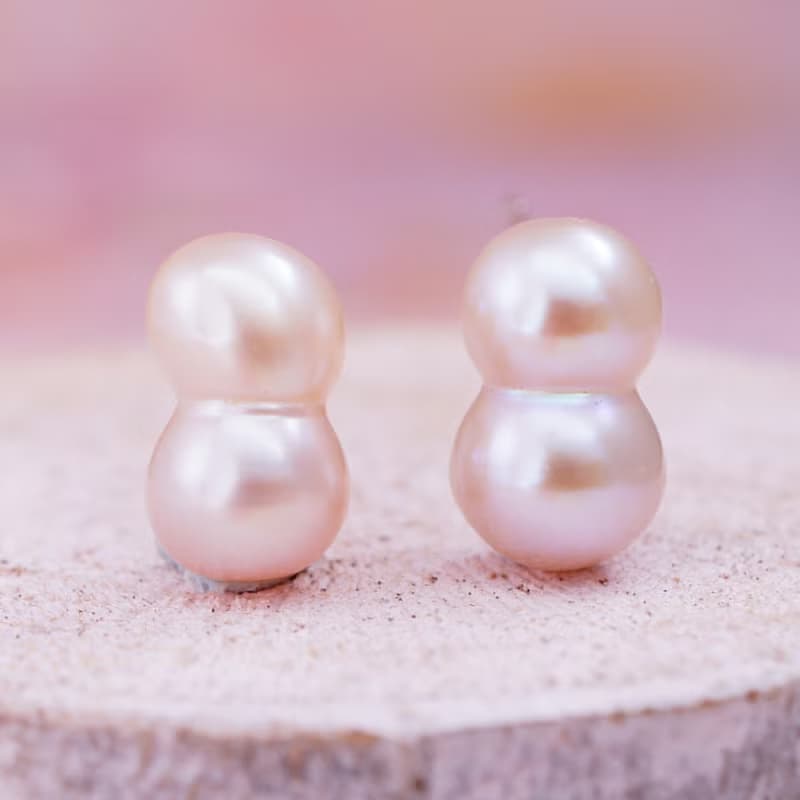 孿生 - 9x6mm 花生形 粉紅色 珍珠 銀電白金 耳針 耳環