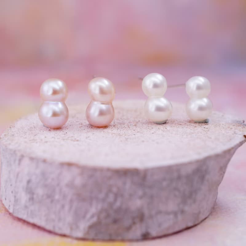 孿生 - 9x6mm 花生形 粉紅色 珍珠 銀電白金 耳針 耳環