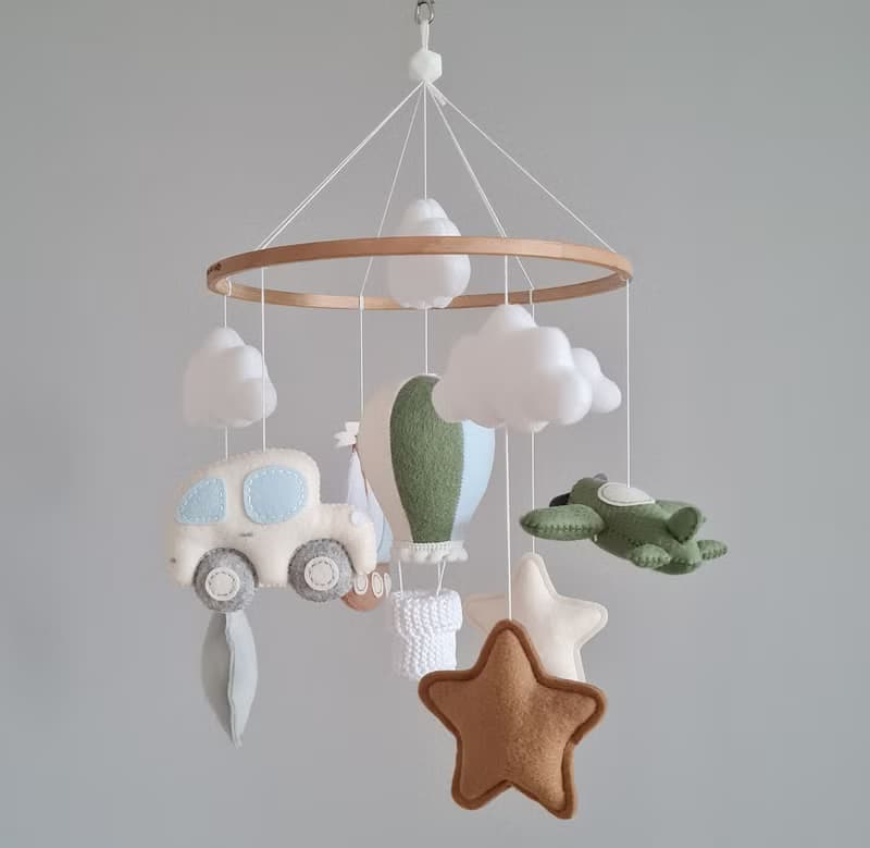 Baby mobile boy with plane airplane sailing, Nursery hanging mobile, Felt decor