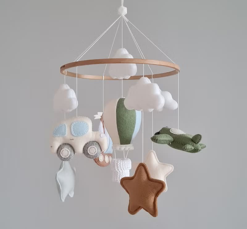 Baby mobile boy with plane airplane sailing, Nursery hanging mobile, Felt decor