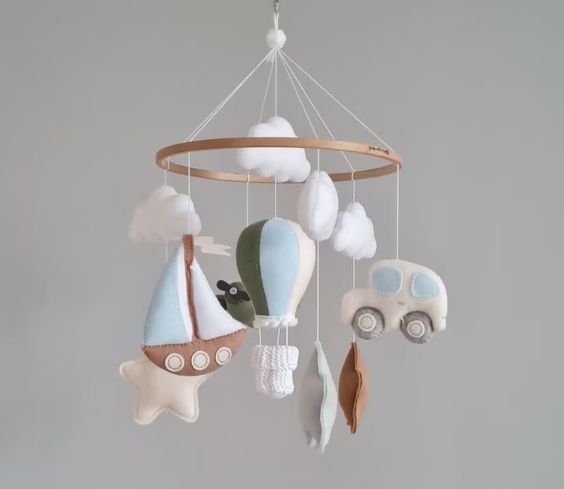 Baby mobile boy with plane airplane sailing, Nursery hanging mobile, Felt decor