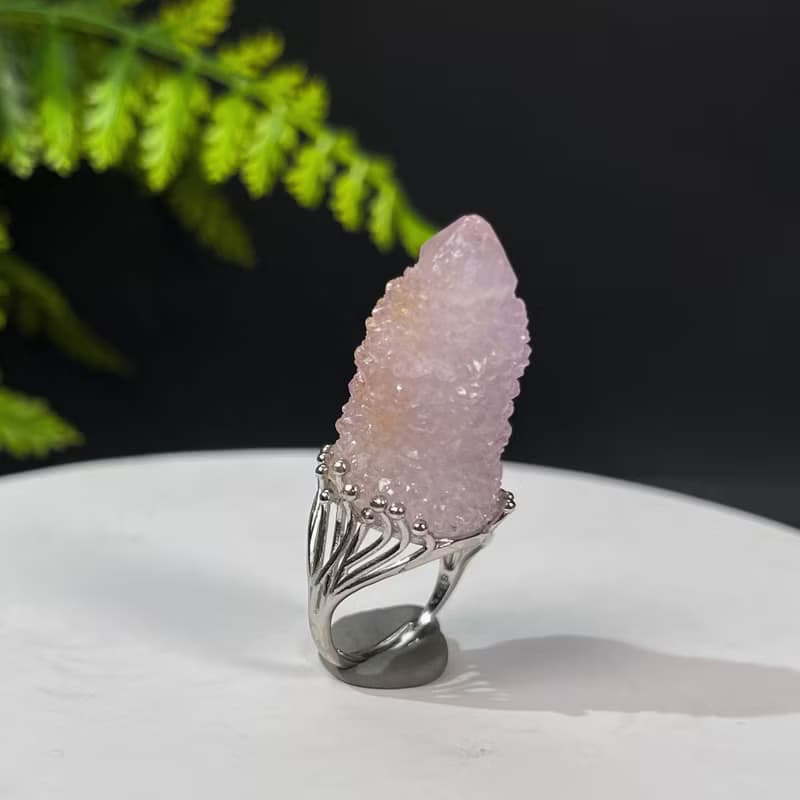 水晶柱活口戒指 閃片紫黃雙色隨形水晶原石標本手工指環 S925銀