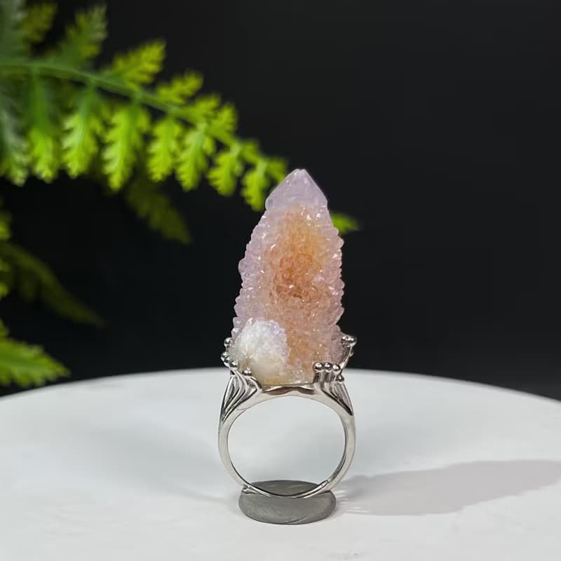 水晶柱活口戒指 閃片紫黃雙色隨形水晶原石標本手工指環 S925銀