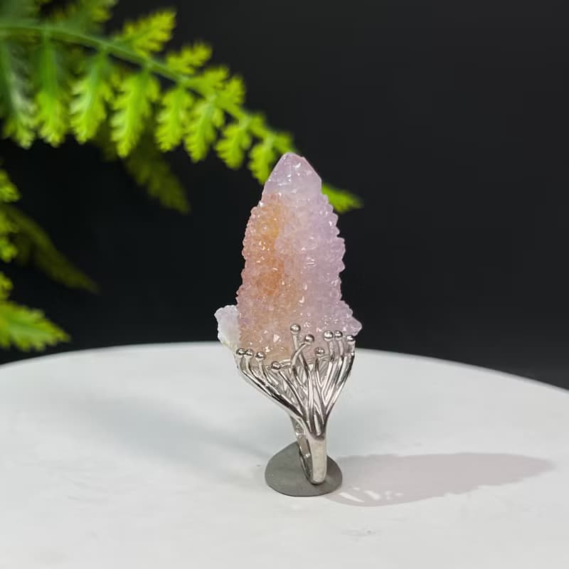 水晶柱活口戒指 閃片紫黃雙色隨形水晶原石標本手工指環 S925銀