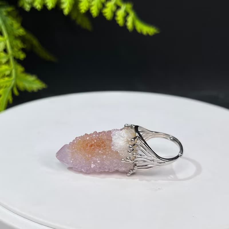 水晶柱活口戒指 閃片紫黃雙色隨形水晶原石標本手工指環 S925銀
