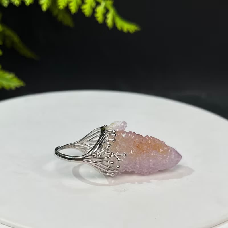 水晶柱活口戒指 閃片紫黃雙色隨形水晶原石標本手工指環 S925銀