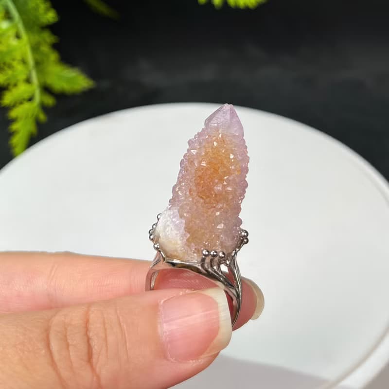 水晶柱活口戒指 閃片紫黃雙色隨形水晶原石標本手工指環 S925銀