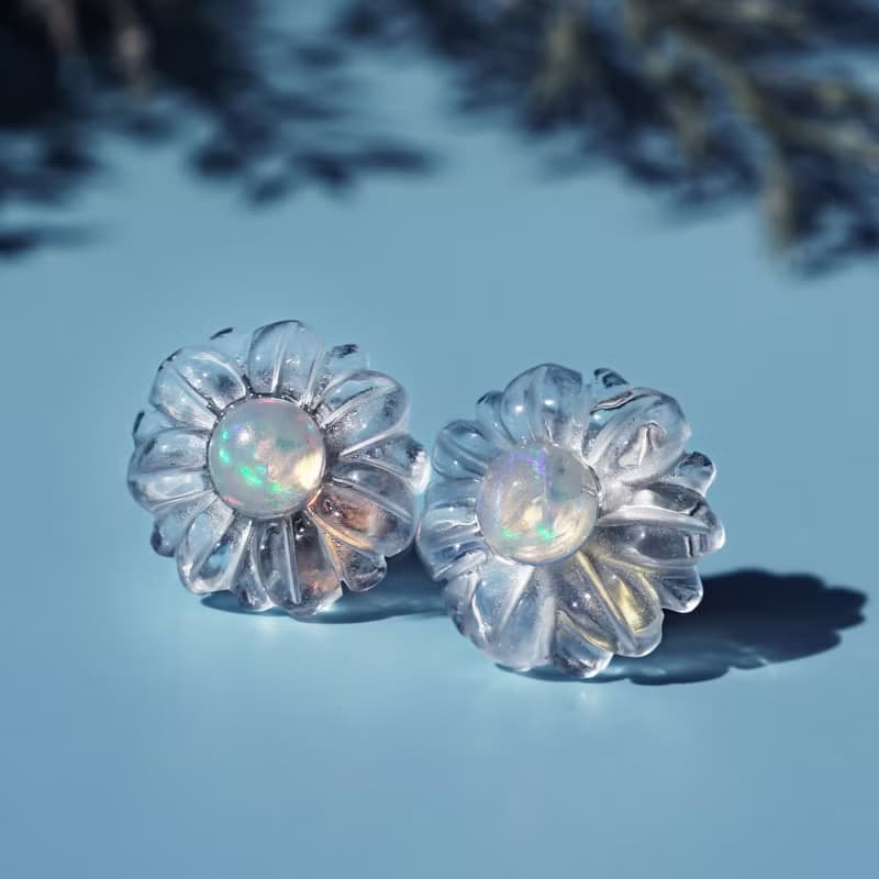 水晶とオパールによる宝石のお花のサージカルステンレスピアス　ヒナギク