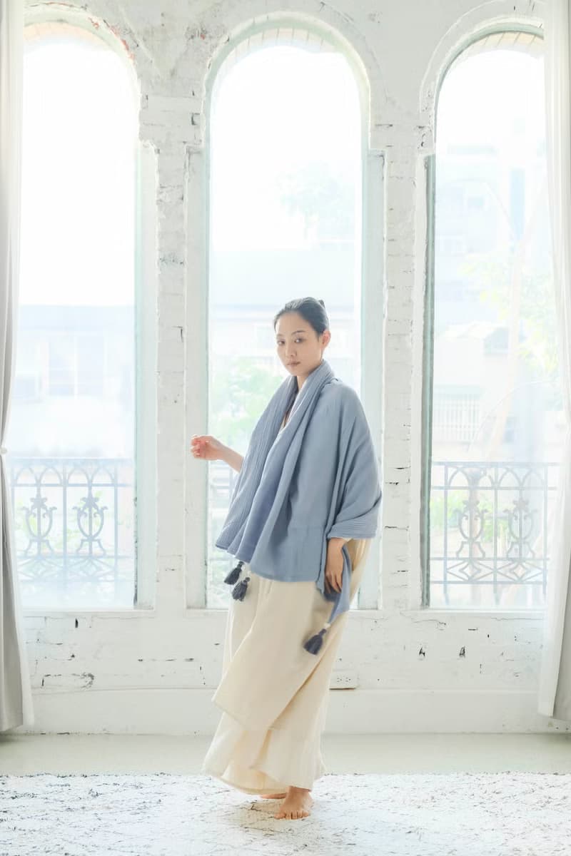 OMAKE 雙層紗流蘇圍巾 霧藍