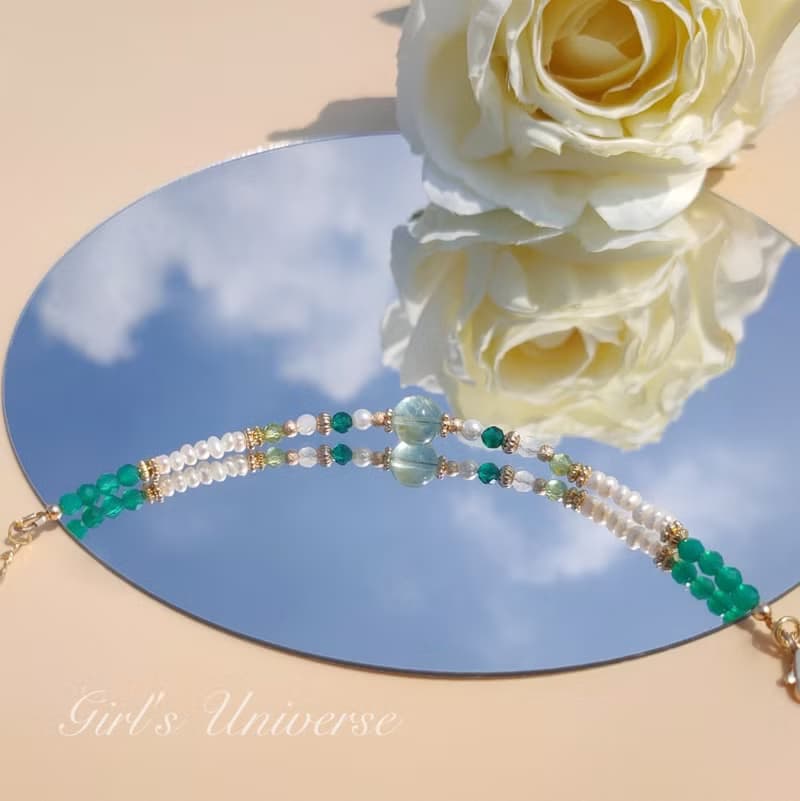 雋永。蒹葭 螢石 淡水珍珠 綠瑪瑙 14K包金 水晶礦石設計手鍊