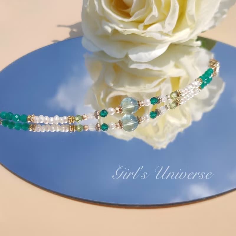 雋永。蒹葭 螢石 淡水珍珠 綠瑪瑙 14K包金 水晶礦石設計手鍊