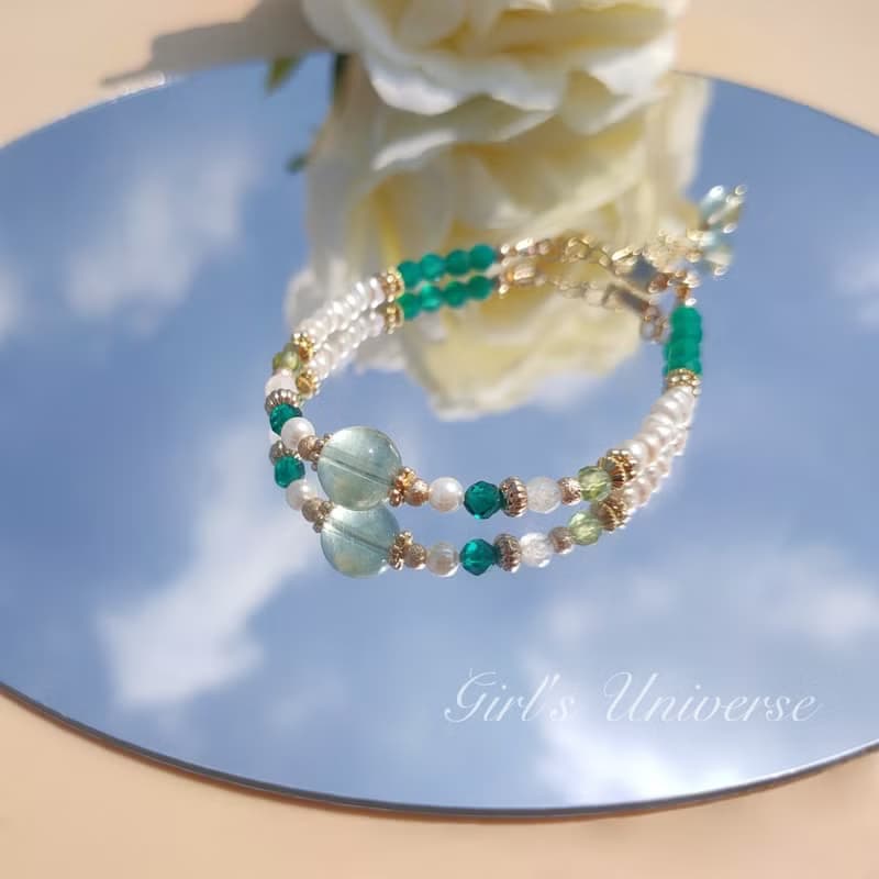 雋永。蒹葭 螢石 淡水珍珠 綠瑪瑙 14K包金 水晶礦石設計手鍊