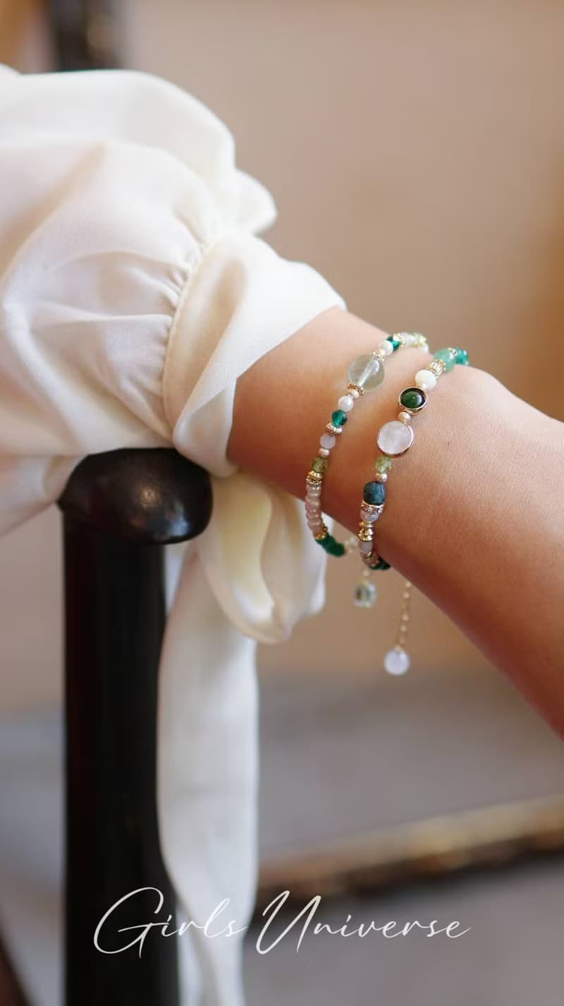 雋永。蒹葭 螢石 淡水珍珠 綠瑪瑙 14K包金 水晶礦石設計手鍊