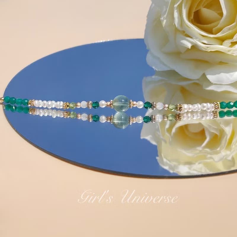 雋永。蒹葭 螢石 淡水珍珠 綠瑪瑙 14K包金 水晶礦石設計手鍊