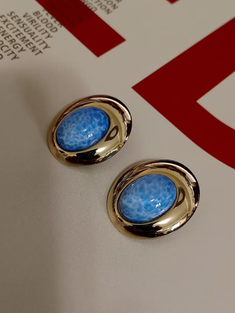 vintage jewelry  清麗海底配色半球形夾式耳環