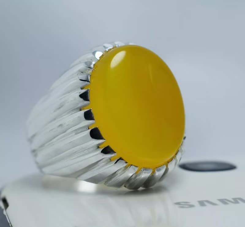 Yellow Yemeni Aqeeq Ring Akik Agate Aqiq Sterling Silver Shia Ring Mens Jewelry