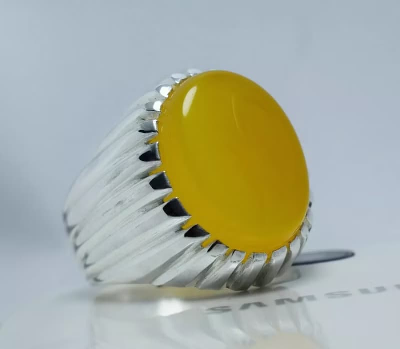 Yellow Yemeni Aqeeq Ring Akik Agate Aqiq Sterling Silver Shia Ring Mens Jewelry
