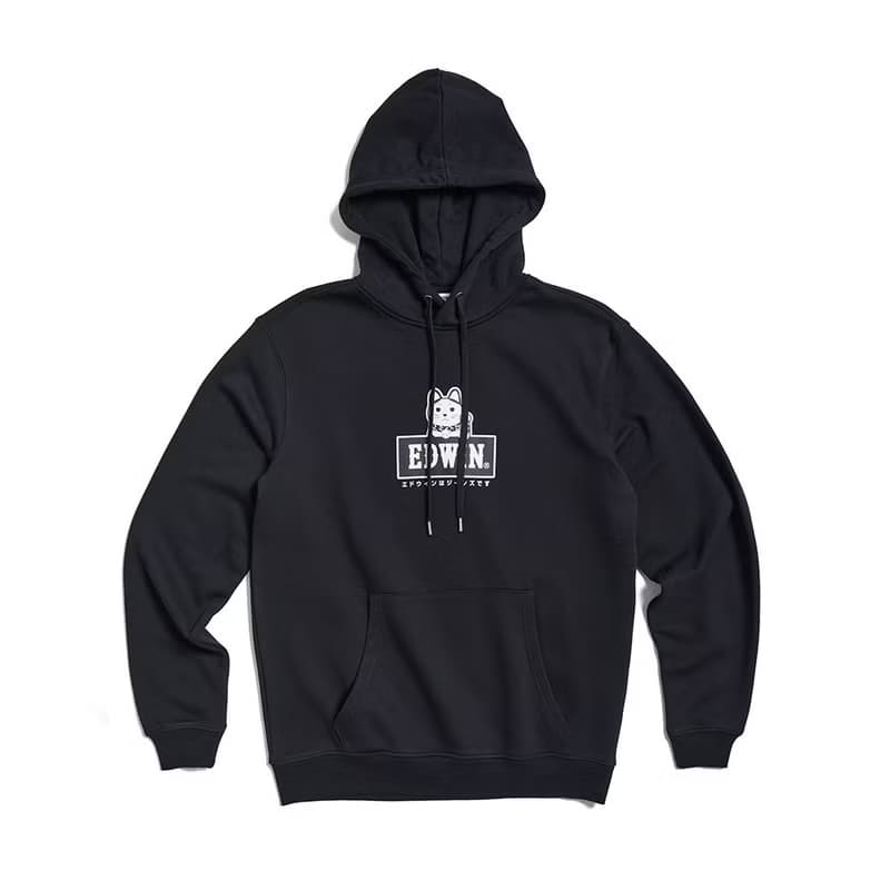 EDWIN 東京散策系列 招財貓連帽長袖T恤-男女款 (黑色)