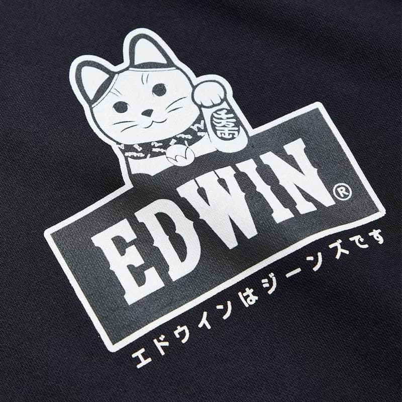 EDWIN 東京散策系列 招財貓連帽長袖T恤-男女款 (黑色)
