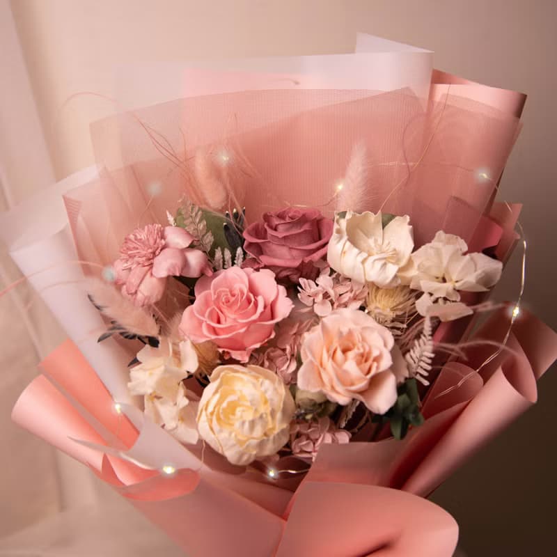 【粉紅】求婚花束 Led 乾燥花 永生花花束  / 生日 告白 女友
