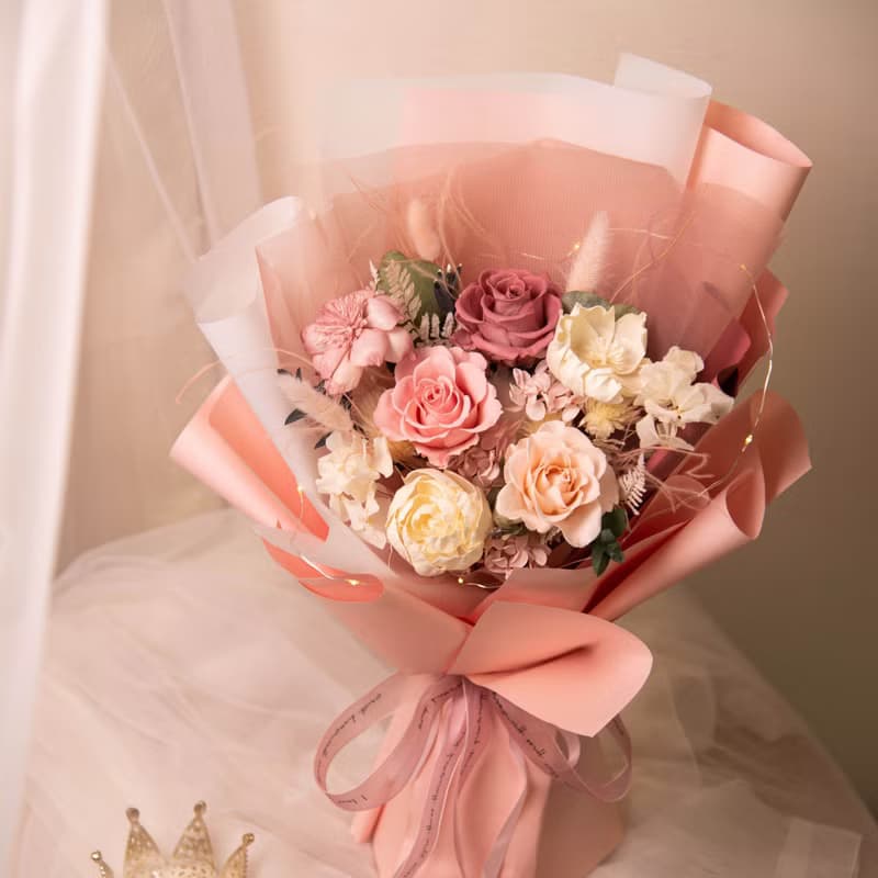 【粉紅】求婚花束 Led 乾燥花 永生花花束  / 生日 告白 女友