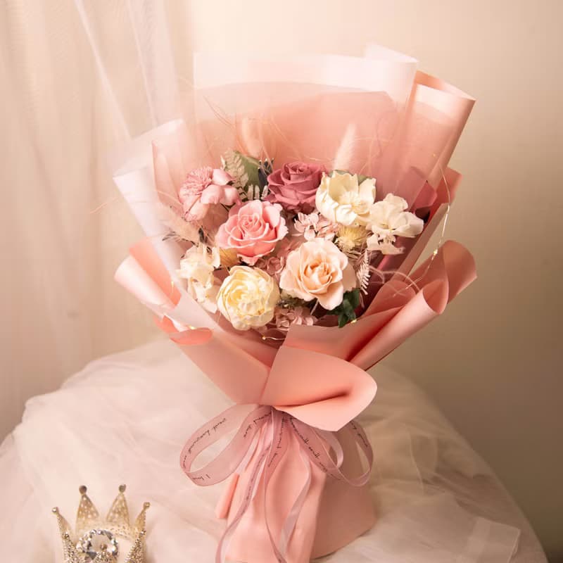 【粉紅】求婚花束 Led 乾燥花 永生花花束  / 生日 告白 女友