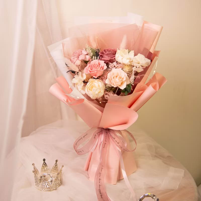 【粉紅】求婚花束 Led 乾燥花 永生花花束  / 生日 告白 女友