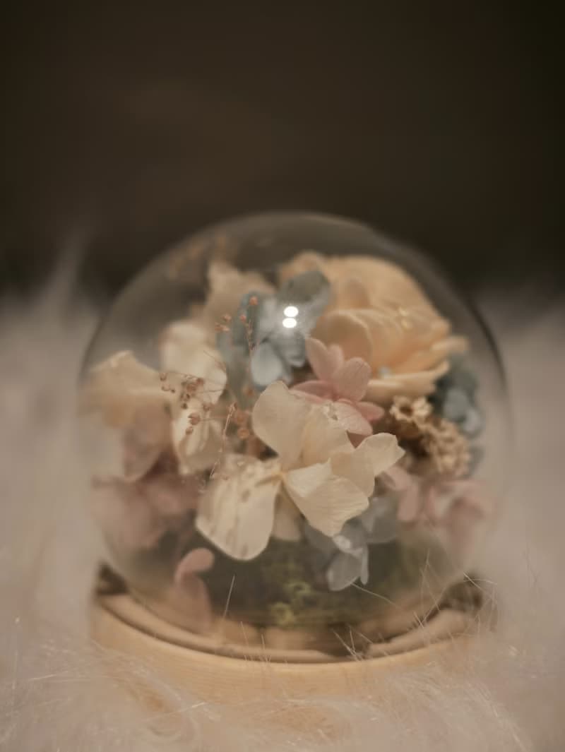 藍粉白永生花玻璃罩 玻璃盅 綺麗的未來 乾燥花