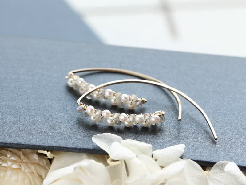 14kgf-labradorite and pearl  marquis pierced earrings