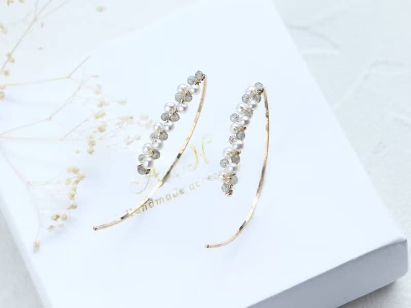 14kgf-labradorite and pearl  marquis pierced earrings