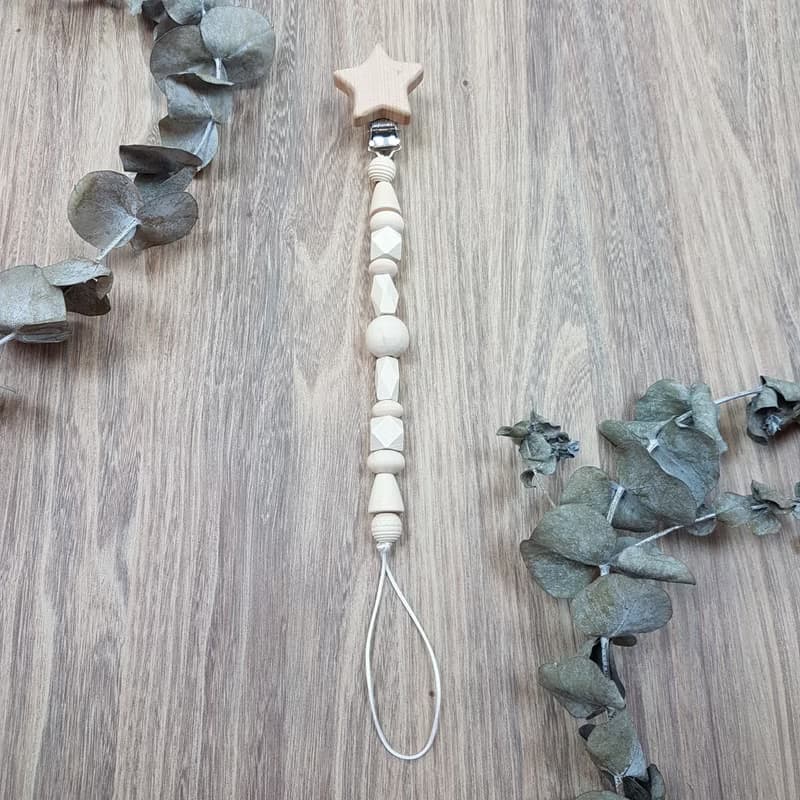 寶寶 嬰兒 安撫 木頭 奶嘴夾 奶嘴鍊  -星星-原木款-紋椎