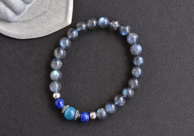 磷灰石+ 青金石+藍光拉長石純銀水晶手鍊
