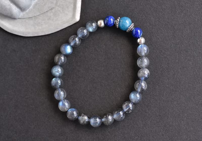 磷灰石+ 青金石+藍光拉長石純銀水晶手鍊