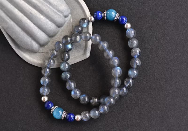 磷灰石+ 青金石+藍光拉長石純銀水晶手鍊