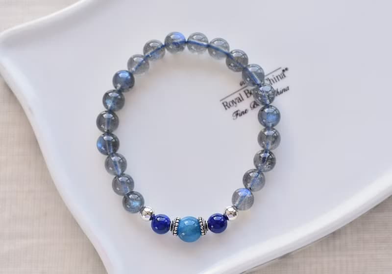 磷灰石+ 青金石+藍光拉長石純銀水晶手鍊