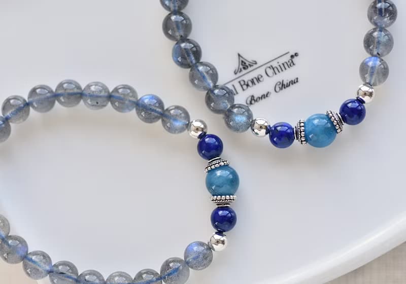 磷灰石+ 青金石+藍光拉長石純銀水晶手鍊