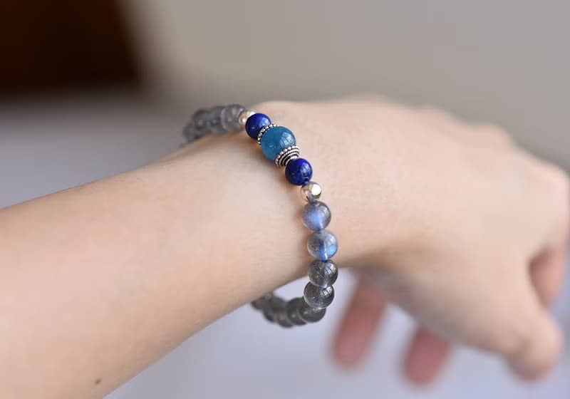 磷灰石+ 青金石+藍光拉長石純銀水晶手鍊