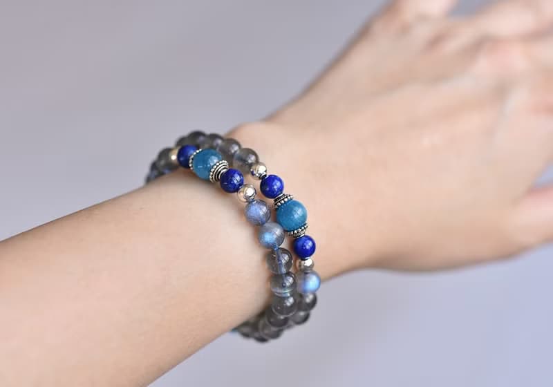 磷灰石+ 青金石+藍光拉長石純銀水晶手鍊